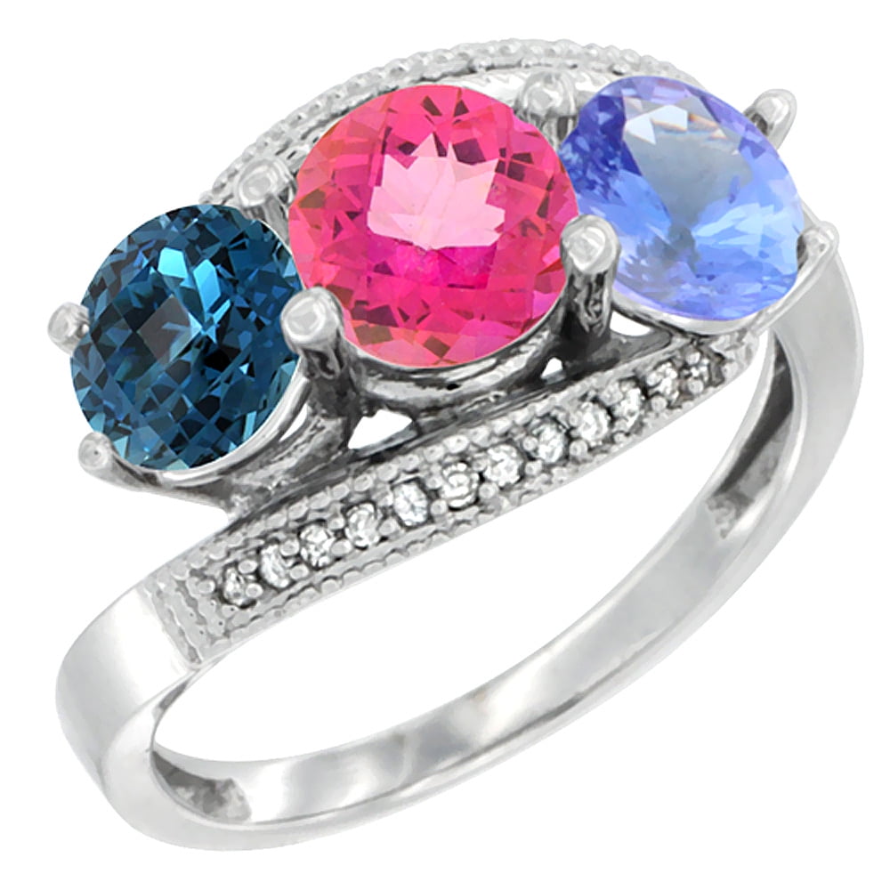 14K White Gold Natural London Blue Topaz, Pink Topaz & Tanzanite 3 stone Ring Round 6mm Diamond Accent, size 5.5 by Gabriella Gold