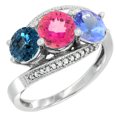 thumbnail image 1 of 14K White Gold Natural London Blue Topaz, Pink Topaz & Tanzanite 3 stone Ring Round 6mm Diamond Accent, size 5, 1 of 2