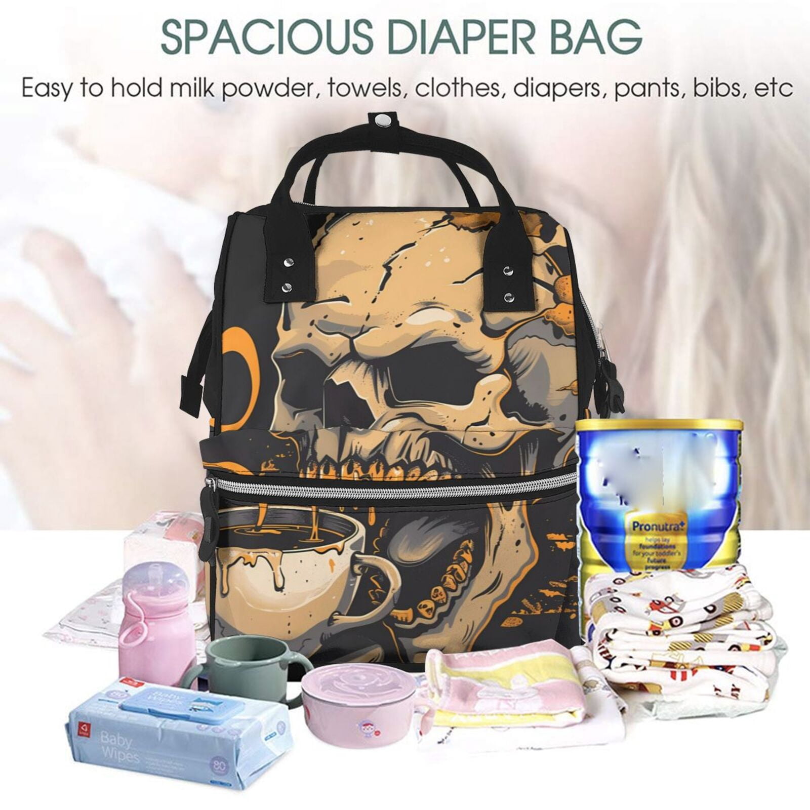 Ratiio Grim Coffee Skull Mummy Backpack - Waterproof Twill Canvas, Large Capacity Diaper Bag with Multiple Pockets and Adjustable Straps