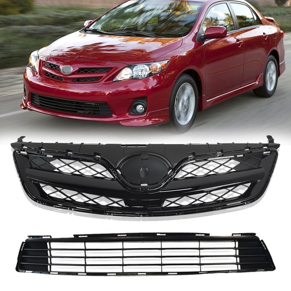 Front Upper & Lower Bumper Grille Assembly Fit For 2011-2013 Toyota Corolla, Direct Replacement For TO1036125, TO1200340 | 5311202280, 5310002410C0 (Black)