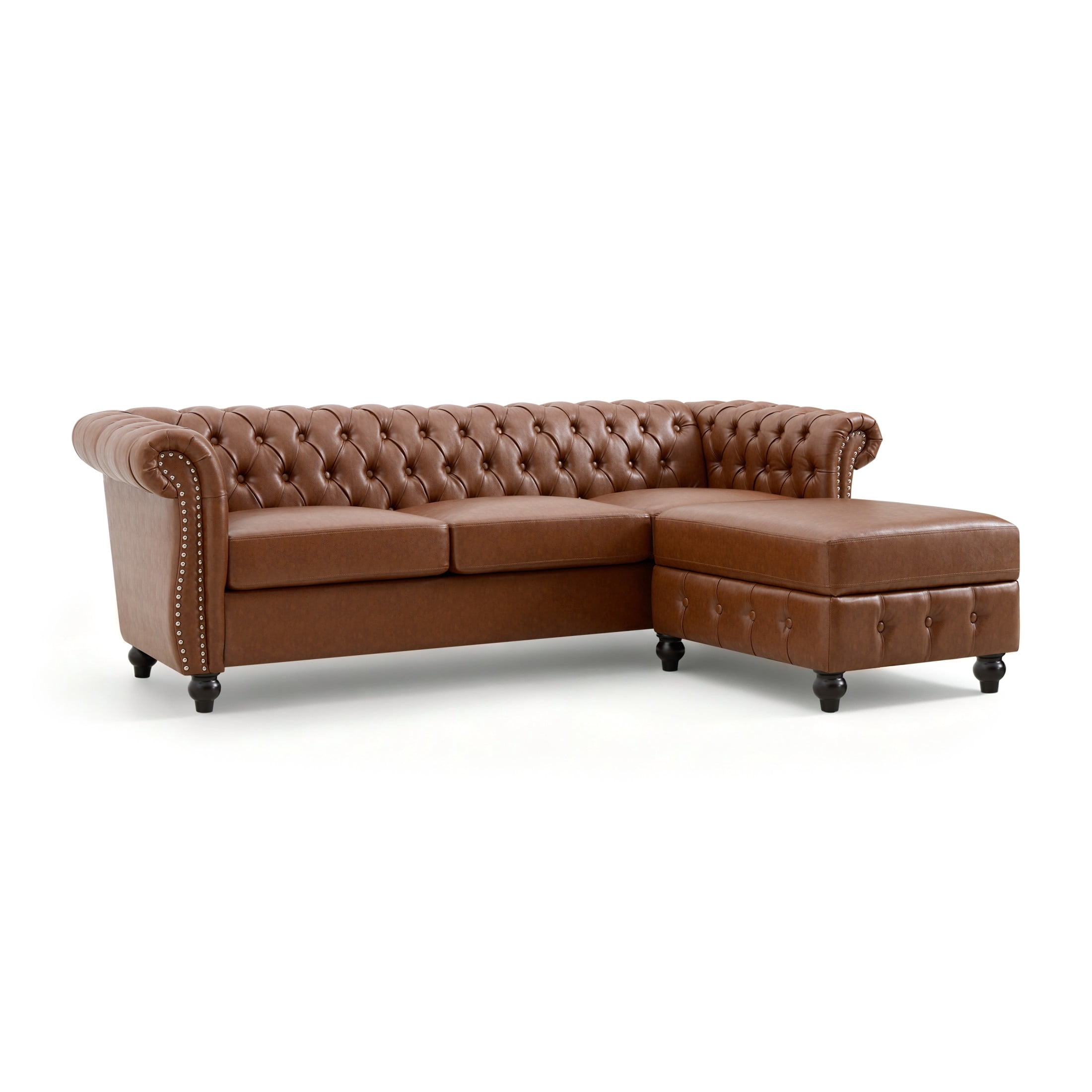 Christopher Knight Home Chesterfield L-Shaped Sofa with Storage Ottoman, Tufted PU Leather, Brown