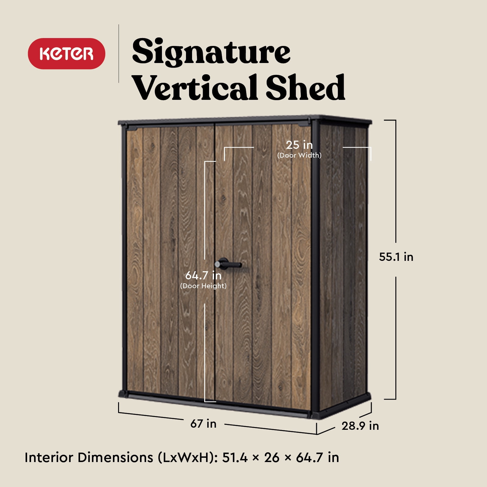 Keter Signature Vertical Durable Resin Outdoor Storage Shed With Heavy Duty Floor and Locking Latch Double Doors, Walnut