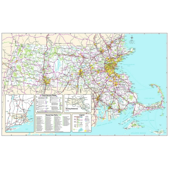 Wall Art Impressions 36x24in Massachusetts Detailed Transportation Map Expressway, Travel Service, Tourist 【Rolled Canvas】