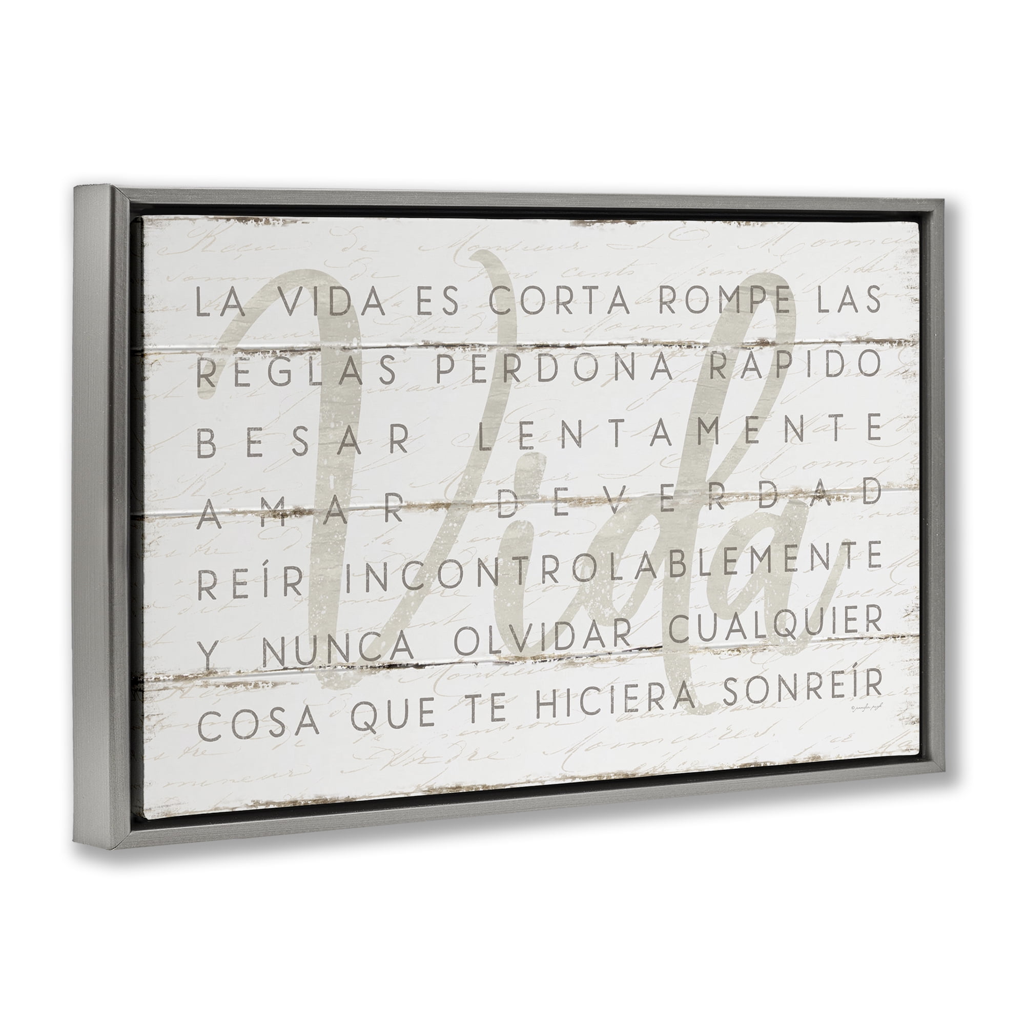 Stupell Industries La Vida es Corta Inspirational Quotes & Sayings Painting Gray Floater Framed Art Print Wall Art, 25 x 17