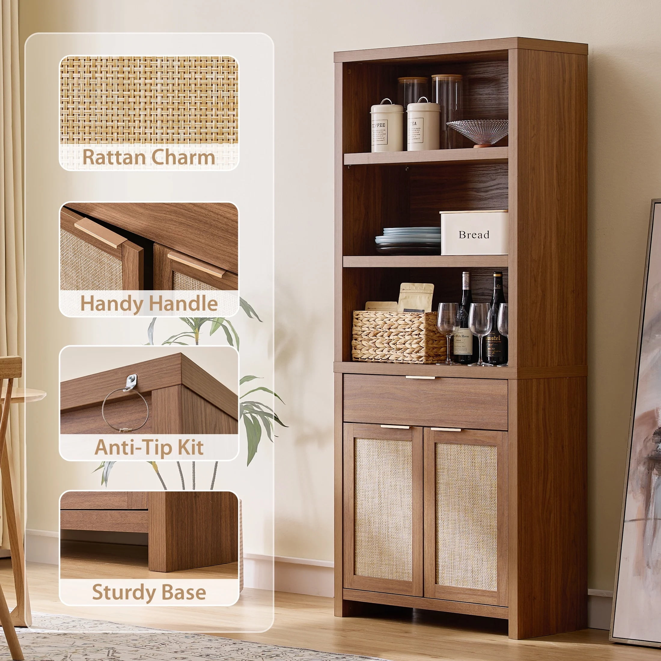 ARKANTOS Rattan Bookcase with Doors, 5 Shelf Adjustable Bookshelf Storage Cabinet, Classic Walnut