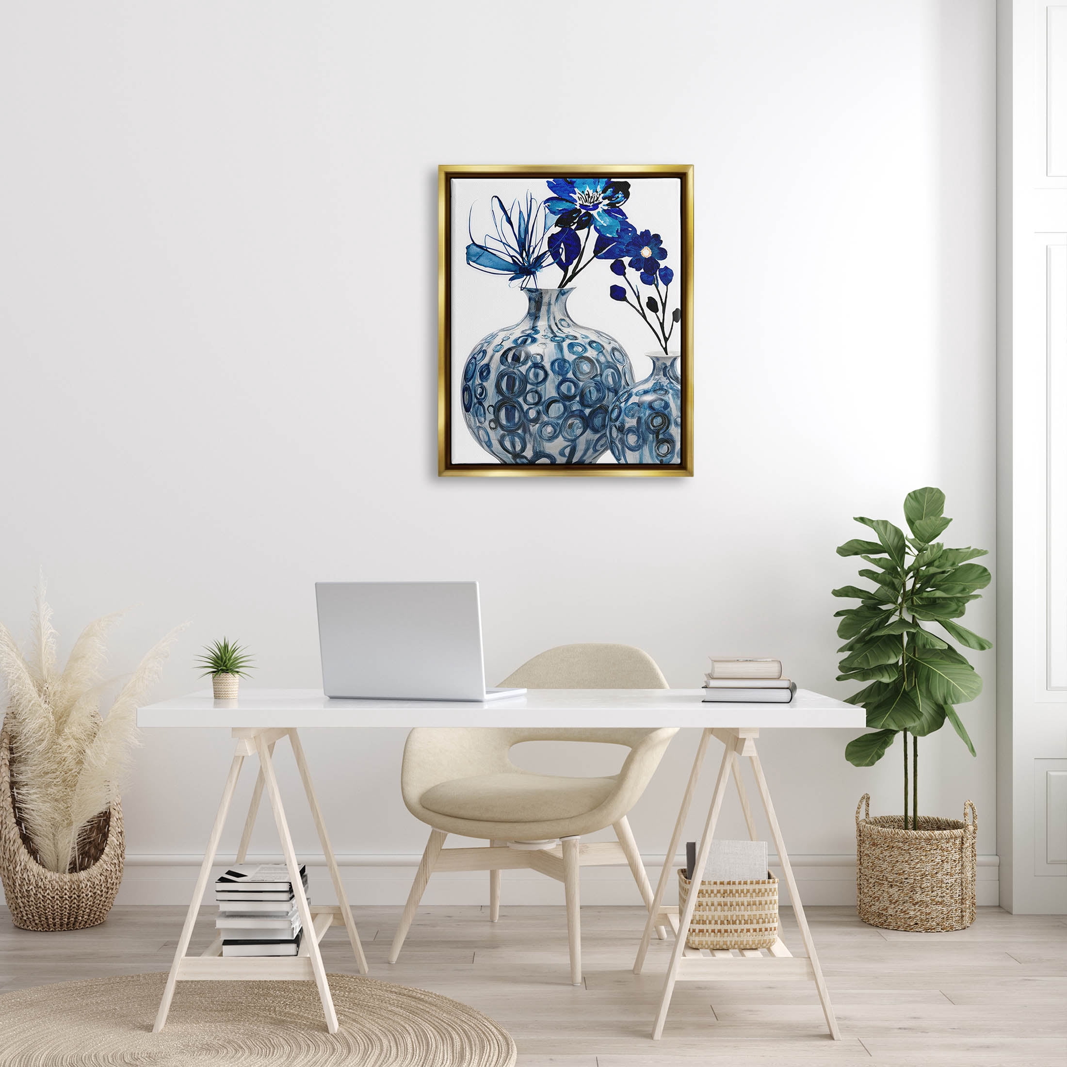 Modern Blue Flower Arrangement Botanical & Floral Graphic Art Metallic Gold Framed Art Print Wall Art