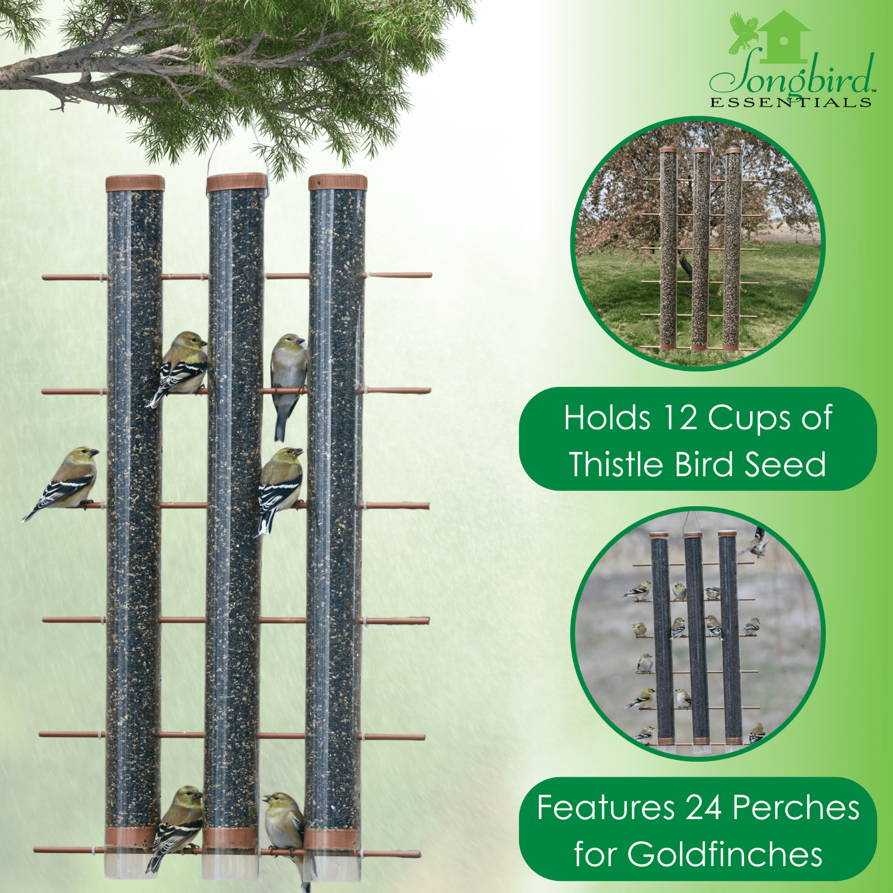 Songbird Essentials Bird Feeder Bird Seed Thistle Finch Feeder 3 Tube Copper