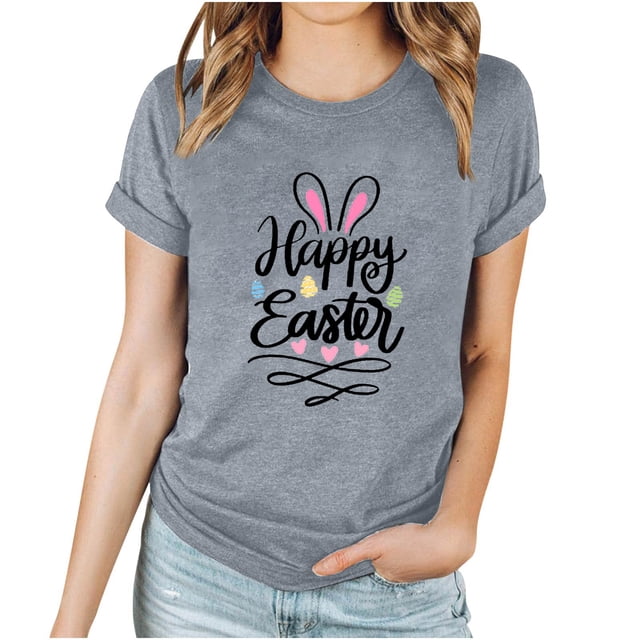 TIMIFIS Hauts à Manches Courtes pour Femmes Joyeuses Pâques Été Décontracté Ample Col Rond Chemise de Vacances Mode T-Shirt Graphique Lettre Lapin