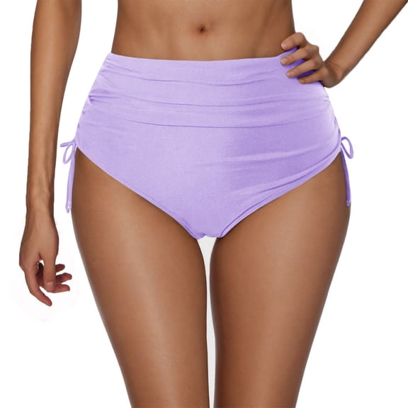 Staron High Waisted Swimsuit Bottoms for Women Drawstring Pleated Triangle Bikini Panties Beach Vacation Pool Party, Purple M