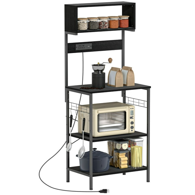 HOMCOM Baker's Rack with Power Outlet, USB Charger, Microwave Stand, Black