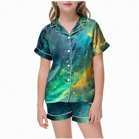 Gubotare Toddler Pajamas for Girls Summer Girls' Pajama Set - 2 Piece Silky Soft Satin Button Down Sleep Shirt and Pajama Shorts Size 6-7 (Mint Green,6-7 Years)