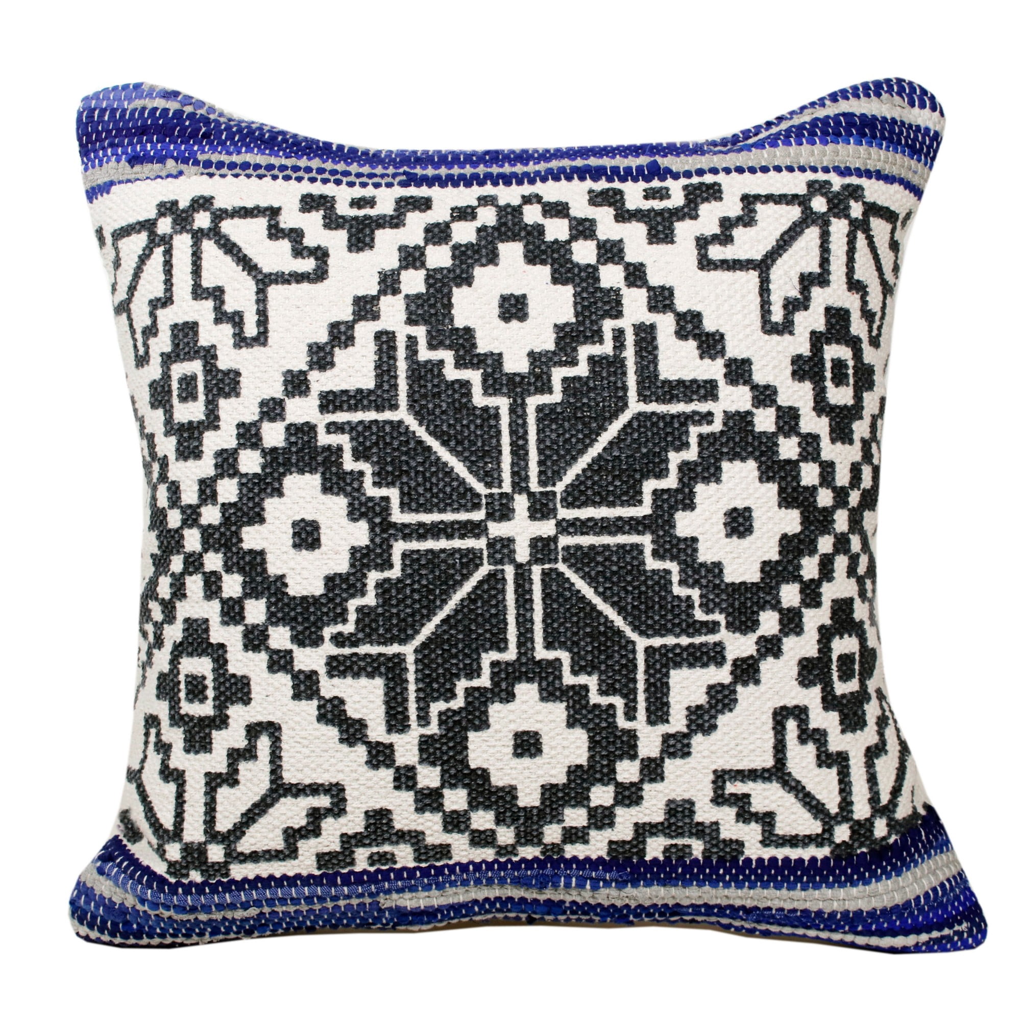 Laddha Home Designs Handwoven Tribal Geometric Throw Pillow Cover - 20" - Blue and Gray