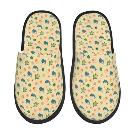 

Noikeo Sea Turtle And Whale Pattern Cozy Slippers Indoor for Women and Mens Fuzzy House Shoes Soft Plush Warm Slip-on Slippers-Large