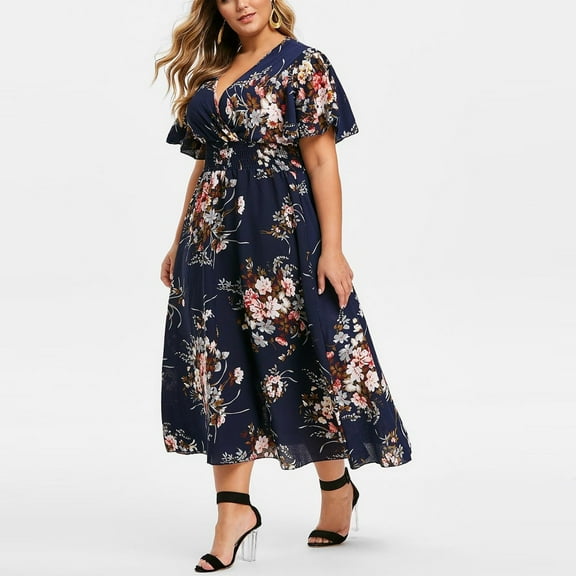 Homenesgenics White Dresses for Women Plus Size Fashion Women Floral Printed V-Neck Short Sleeve Casual Dress