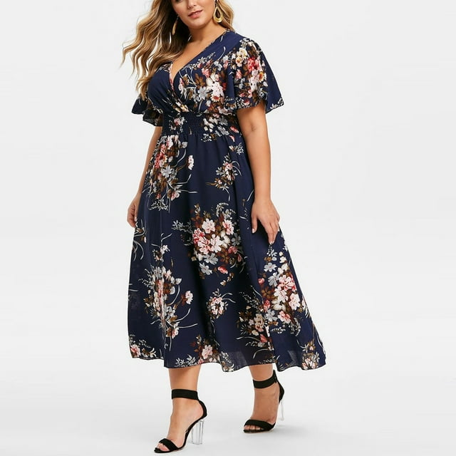 Robes pour Femmes Grande Taille Mode Femme Imprimé Floral Col en V Manches Courtes Robe Décontractée en Liquidation
