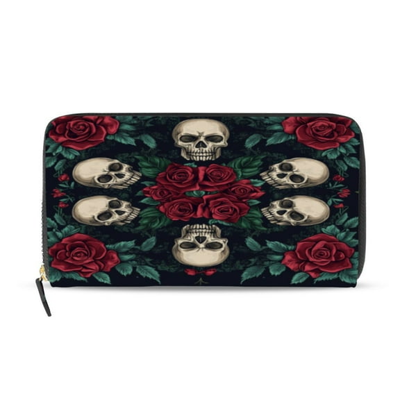 Qxltty Skull Red Rose Darkpattern Women's Leather Wallet Fashion Retro Multi Card Holder with Cell Phone Pocket Mothers Day Gifts