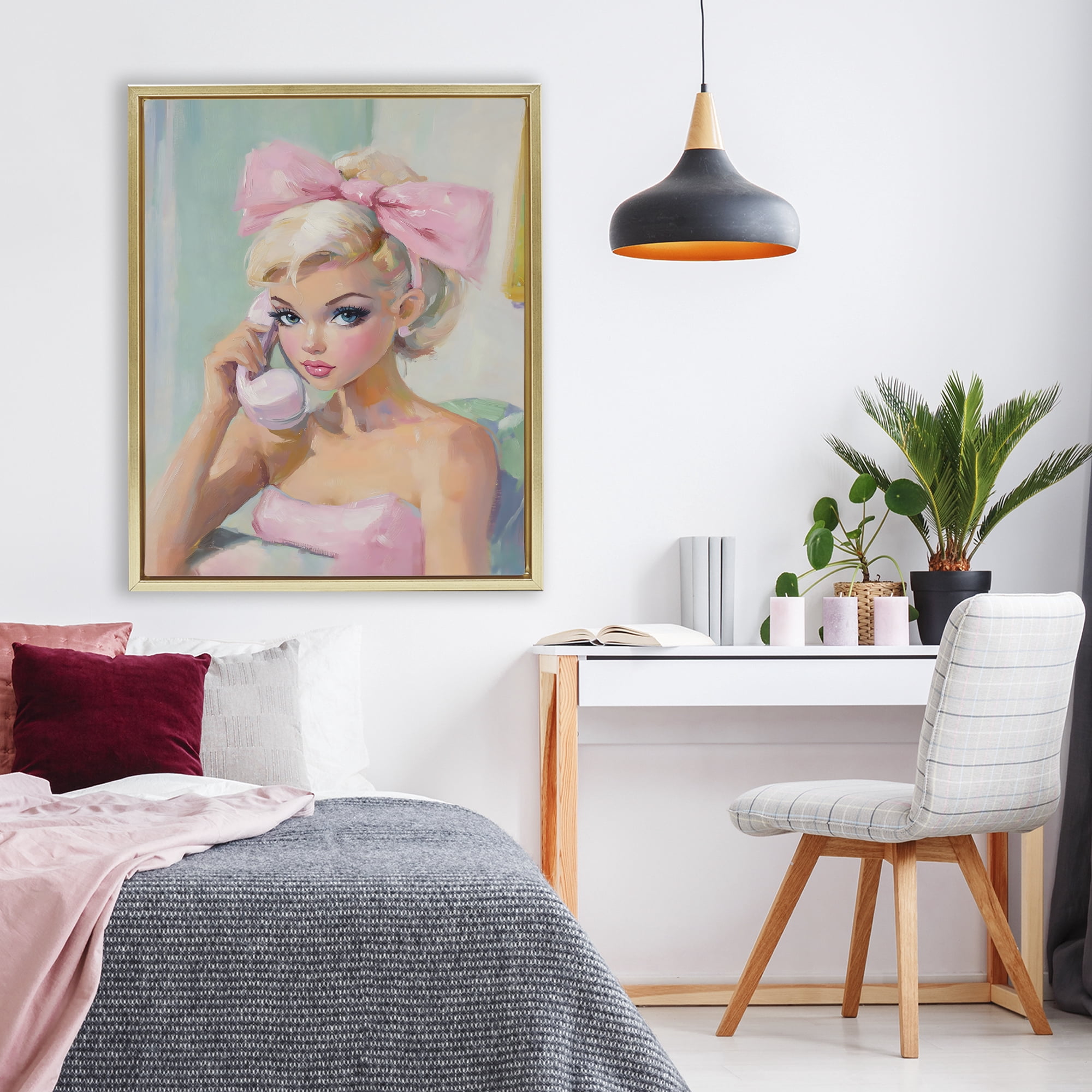 Stupell Industries Blonde Girl with Pink Bow Gold Framed Floater Canvas Wall Art, design by The Prints Vibe