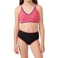 thumbnail image 3 of Huowey Toddler Girls Bikini Swimsuits 2 Piece Bikini Sets Cross Strap Ruched Floral Print Hollow Out Tops Solid Color High Waist Bottomd Sport Soft Swimwear Sets,Hot Pink,11-12 Years, 3 of 6