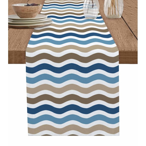 ERUNPONLY Blue Brown White Ombre Table Runner - 120 Inch Long Modern Geometric Gradient Ocean Striped Cotton Linen Dress Scarves Farmhouse Table Runner for Kitchen Dining, Coffee Table, 13" x 120"
