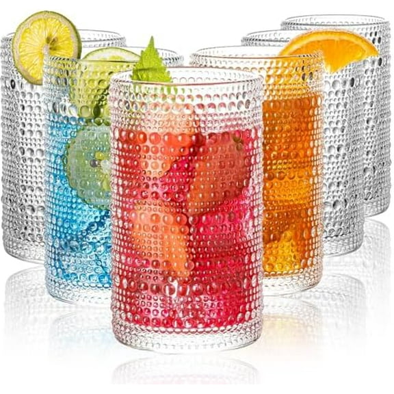 Hobnail Drinking Glasses, 6 pcs Embossed Designed Highball Glasses, 12oz Glass Cups, Tall Water Glass Tumbler, Mojito Cups, Cocktail Glass, Vintage Glassware Set for Juice, Cocktail, Whiskey