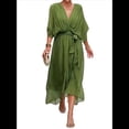thumbnail image 3 of Vestido de Talla Grande para Mujer, Corta, Cruzado, Cuello en V, Abertura Alta, Volantes, . Verde M, 3 of 6