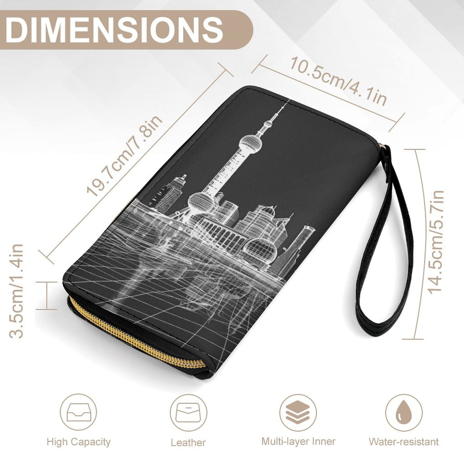 Womens Wallet Bifold Ladies Cluth Bag Wristlet Wrist Strap Long Purse SHANGHAI Hologram Design
