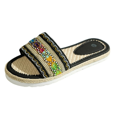 OJSFQUFP Womens Comfort Sandals Women Summer Slip On Casual Open Toe Rhinestone Flat Soft Bottom Breathable Slippers Shoes Sandals Mama Slippers Black 37