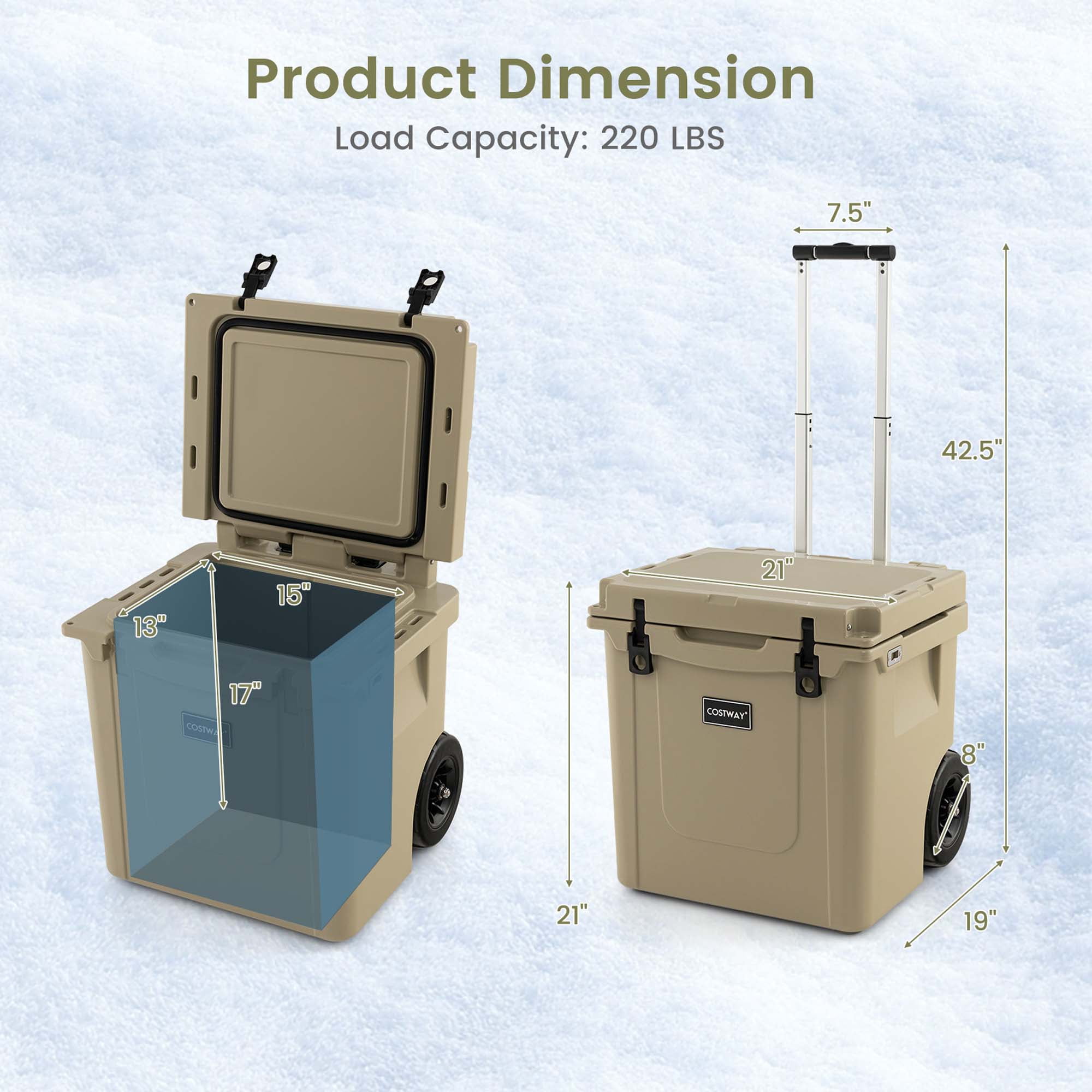 Costway 45 Quart Cooler Towable Ice Chest w/ All-Terrain Wheels Leak-Proof for Camping
