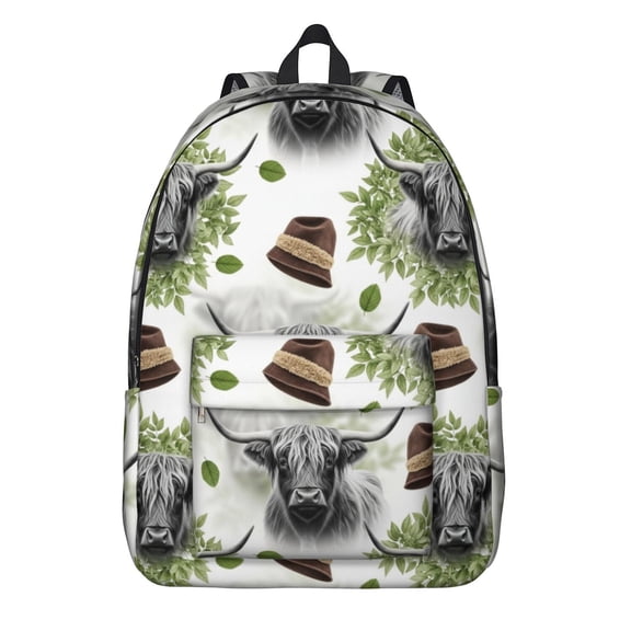 Highland Cow and Leaf Print Backpack for School, Cute School Bag with Adjustable Shoulder Straps and Padded Back, 15.7"x11.8"x5.5"