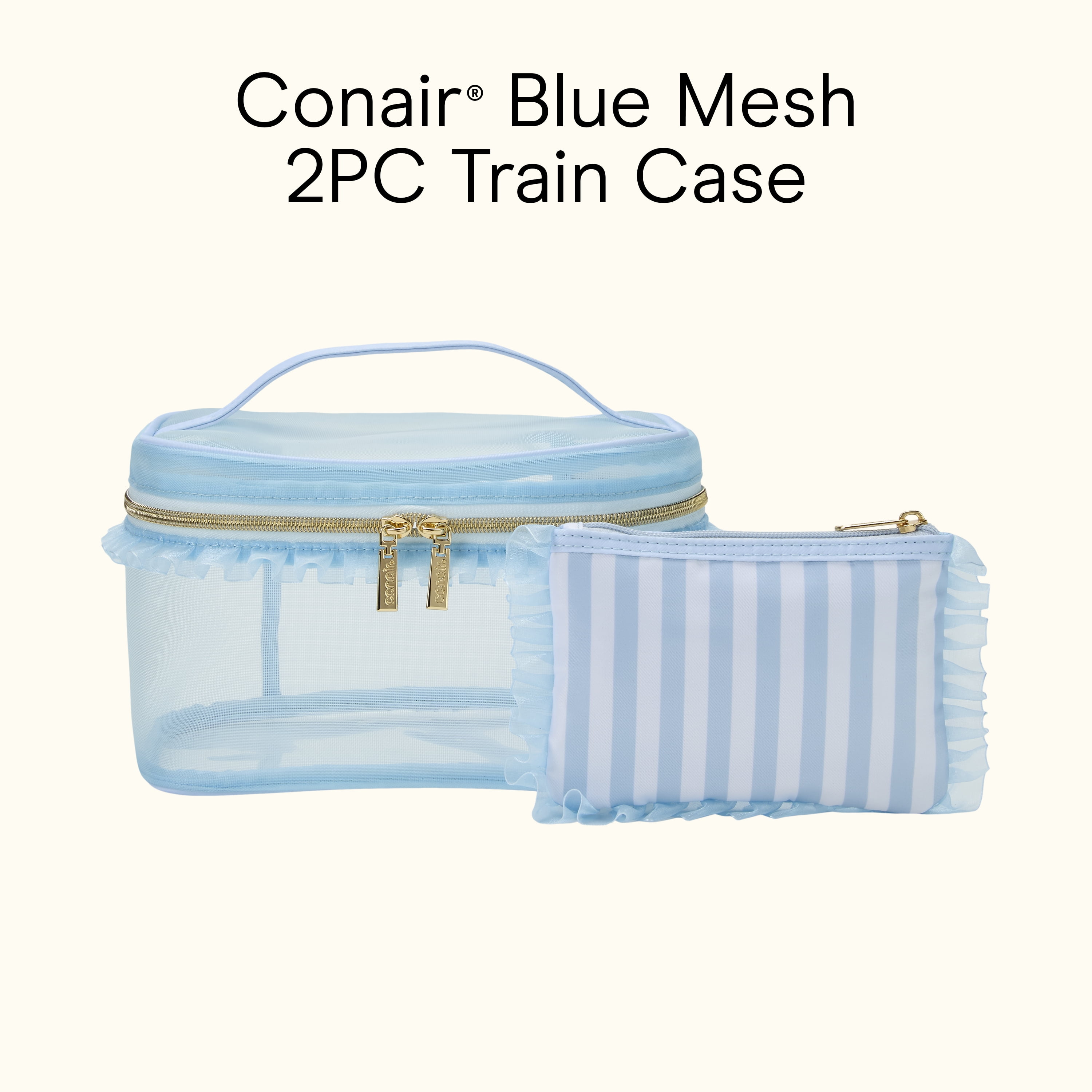 Conair Blue Mesh Train Case, Travel Makeup Bag with Matching Pouch, 2-Piece Set