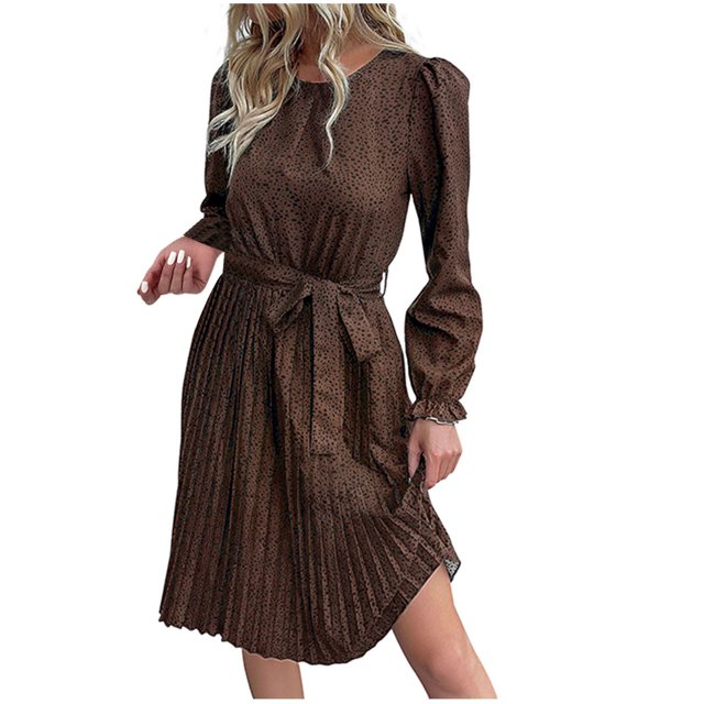 Funicet Robes d'Été pour Femmes, Robe à Manches Longues pour Femmes, Robe à Imprimé Léopard Mode à Nouer Manches Longues Col Rond Plissé, Robe à Manches Longues, Robes d'Été pour Femmes