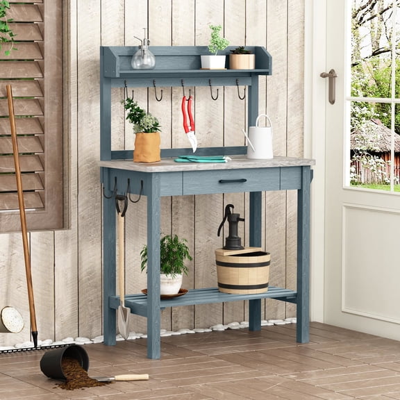 Outdoor Potting Bench with Metal Tabletop, Planting Table Potting Workstation with Storage Drawers and Removable Shelves