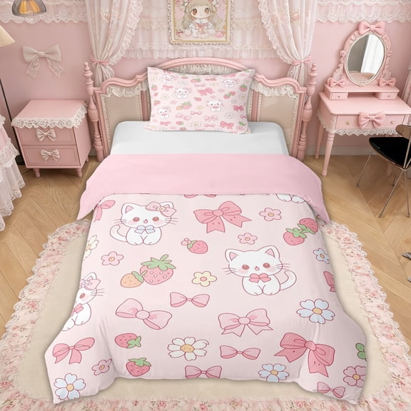 Erosebridal Bowknot Cat Strawberry Twin Bedding for Girls, Cute Groovy Flower Duvet Cover Set, Pink Reversible, 1 Duvet Cover and 1 Pillowcase (No Comforter)