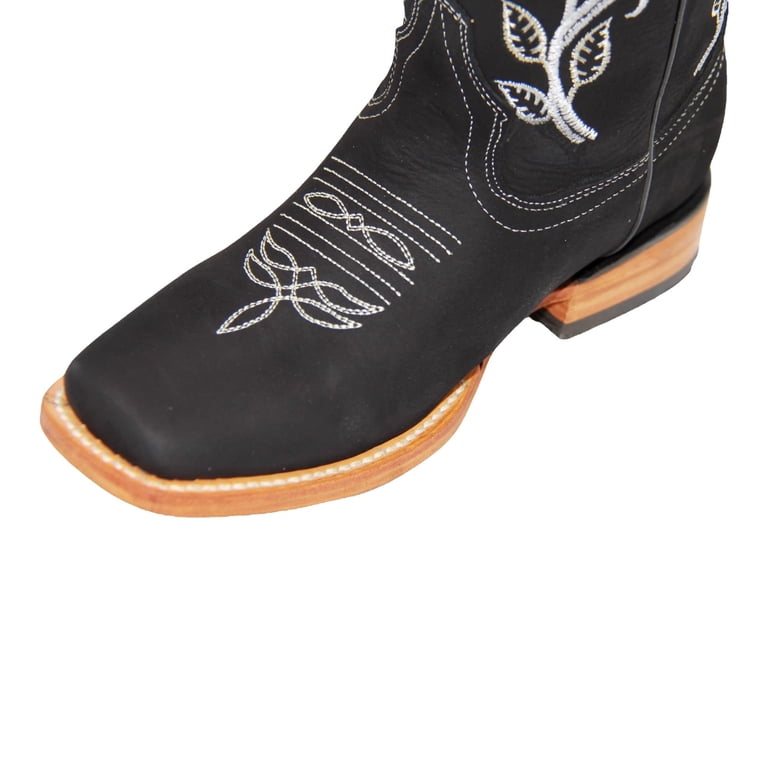 Women's Square Toe Cowboy Boots - Genuine Leather Embroidered Floral Roses, 1.5" Heel, 11" Shaft