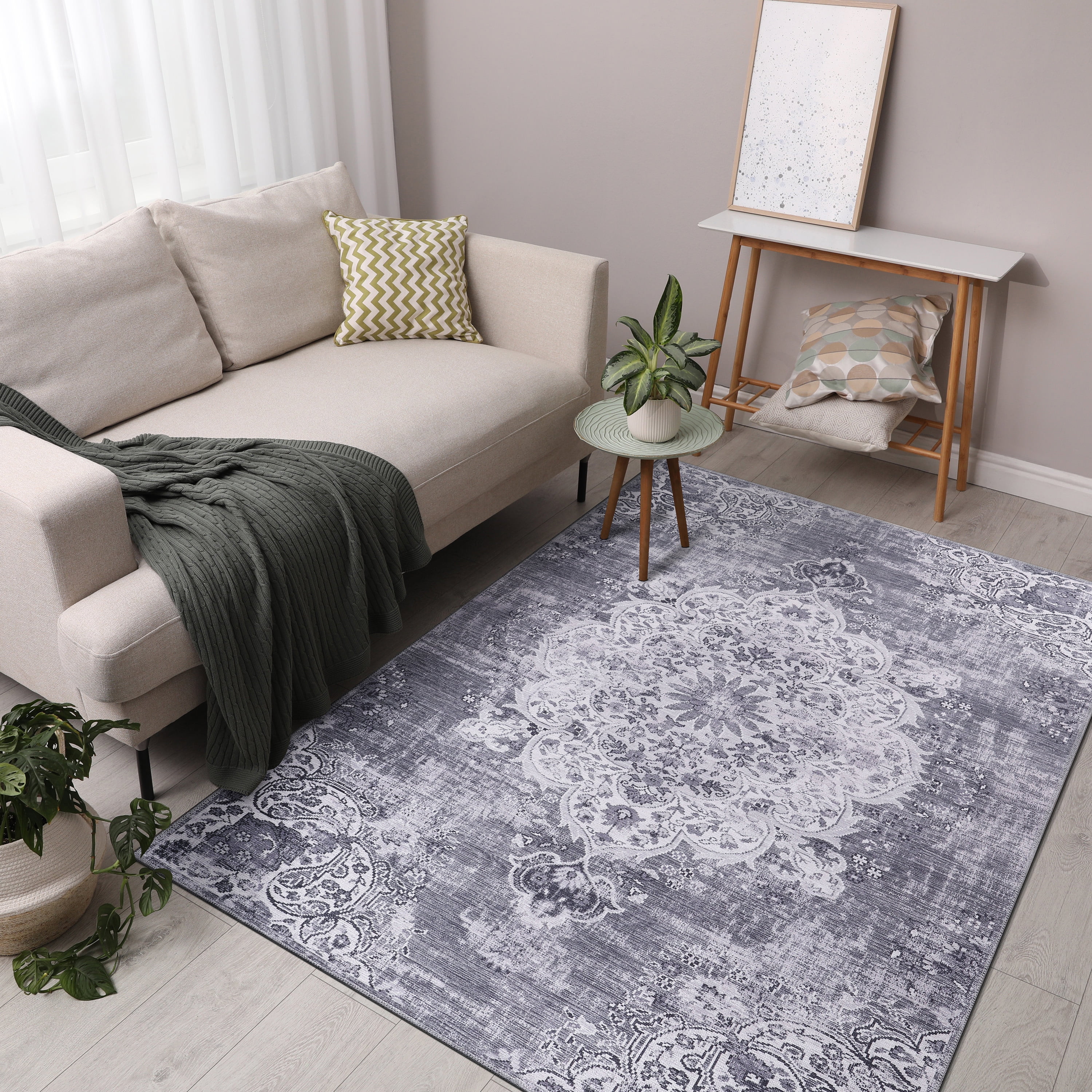 CAMILSON Machine Washable Rug, Distressed Vintage Area Rugs, Stain and Water Resistant, Traditional Bohemian Indoor Carpet (5x7, Grey)