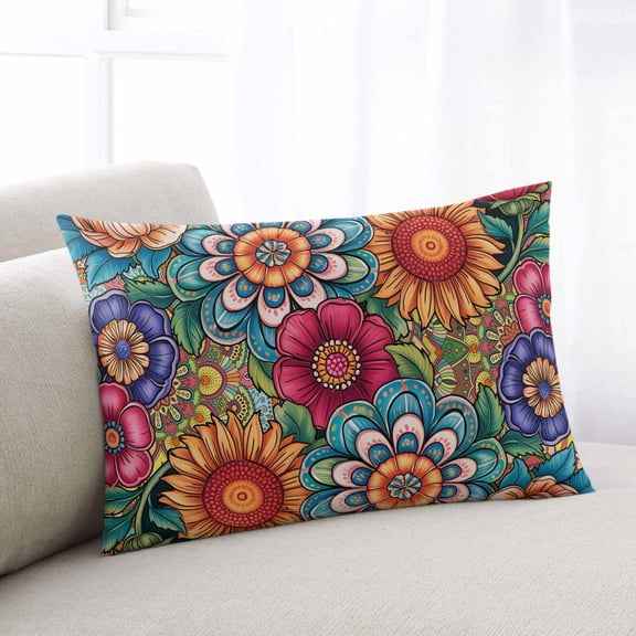 Boho Teal Flower Throw Pillow Covers, Spring Bohemia Chic Red Yellow Floral Soft Breathable Pillow Cases with Invisible Zipper for Sleeping, Small Pillowcases for Couch Bed Sofa Chair 16x24 Inches