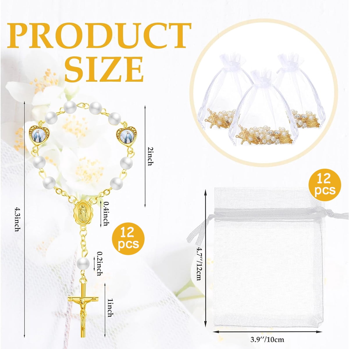 Dalrosia Mini Rosary with Organza Bags Faux Pearls Baptism Rosary Baptism Favors for Guests Catholic Finger Rosary for Christening Weddings Party Favors First Communion Gift