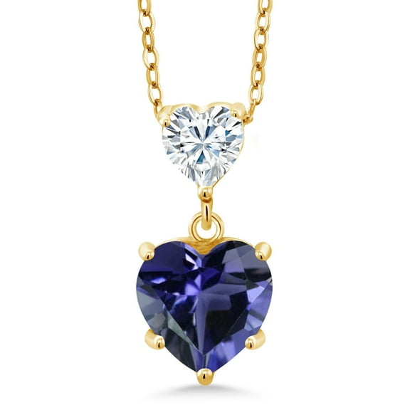 Gem Stone King 18K Yellow Gold Plated Silver Pendant with Chain Iolite and Moissanite (1.75 Cttw)