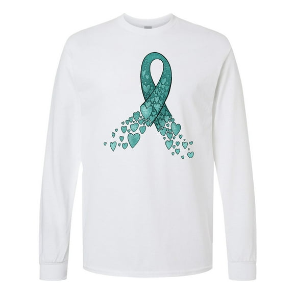 Inktastic Ovarian Cancer Awareness Teal Ribbon Made of Hearts Long Sleeve T-Shirt