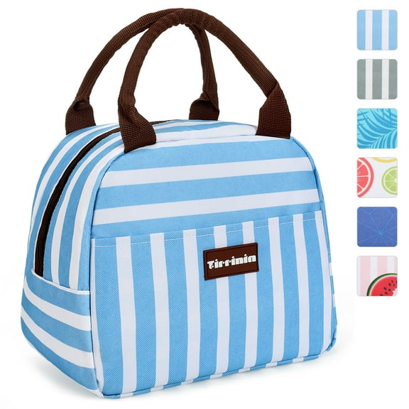 Tirrinia Insulated Lunch Box, Women, Cute Blue Reusable Thermal Tote Cooler for School, Fits 10 Cans