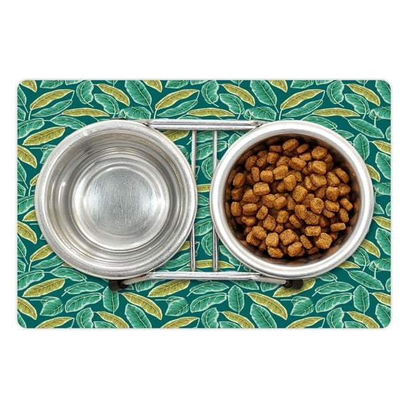 Leaves Pet Mat for Food and Water, High Detailed Botanical Composition Abstract Forest Pattern, Non-Slip Rubber Mat for Dogs and Cats, 18" X 12", by Ambesonne