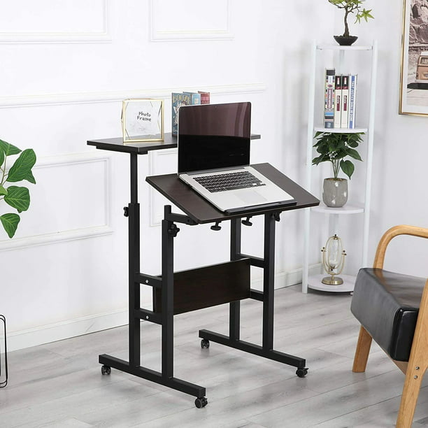 2-Tier Mobile Stand Up Desk, Adjustable Laptop Desk with Wheels Storage ...