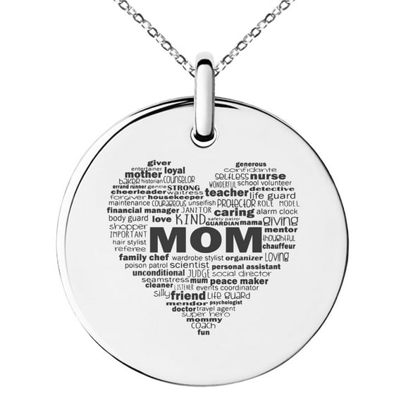 Stainless Steel Inspirational Mom Heart Small Medallion Circle Charm Pendant Necklace