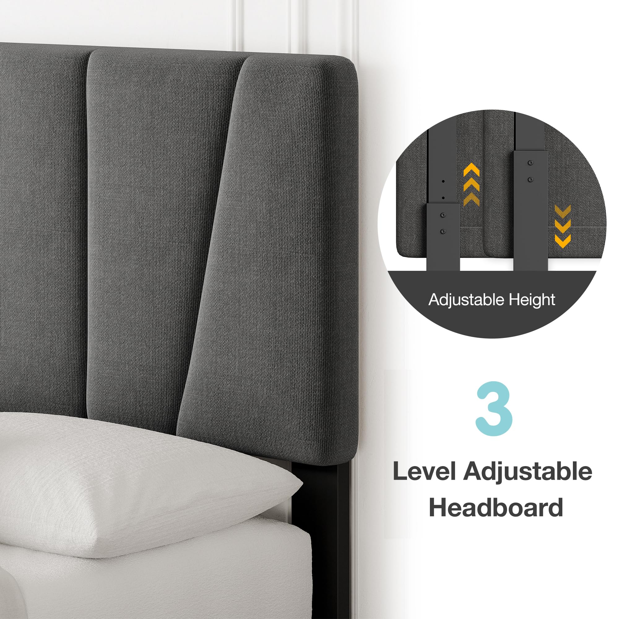 King Size Bed Frame with Adjustable Headboard, Linen Upholstered King Platform Bedframe with Strong Wooden Slats