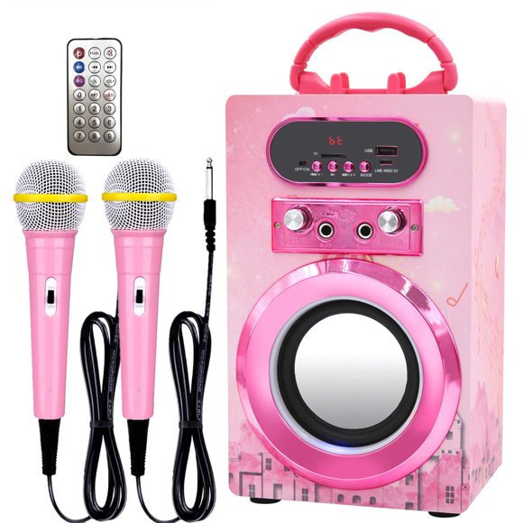 IndeCool Kids Bluetooth Karaoke Speaker with 2 Microphones, Remote Control Speaker Portable Karaoke Machine for Kids Adult Party Gift (Pink