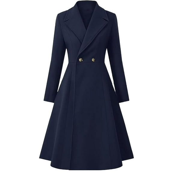 A-Line Wool Coat Long Peacoat Pleated Tunic Trench Coats Lapel Collar Winter Coat Double Breasted Outwear Elegant Trendy Coat Fashion Dressy Blouses Clothing(Dark Blue,L)