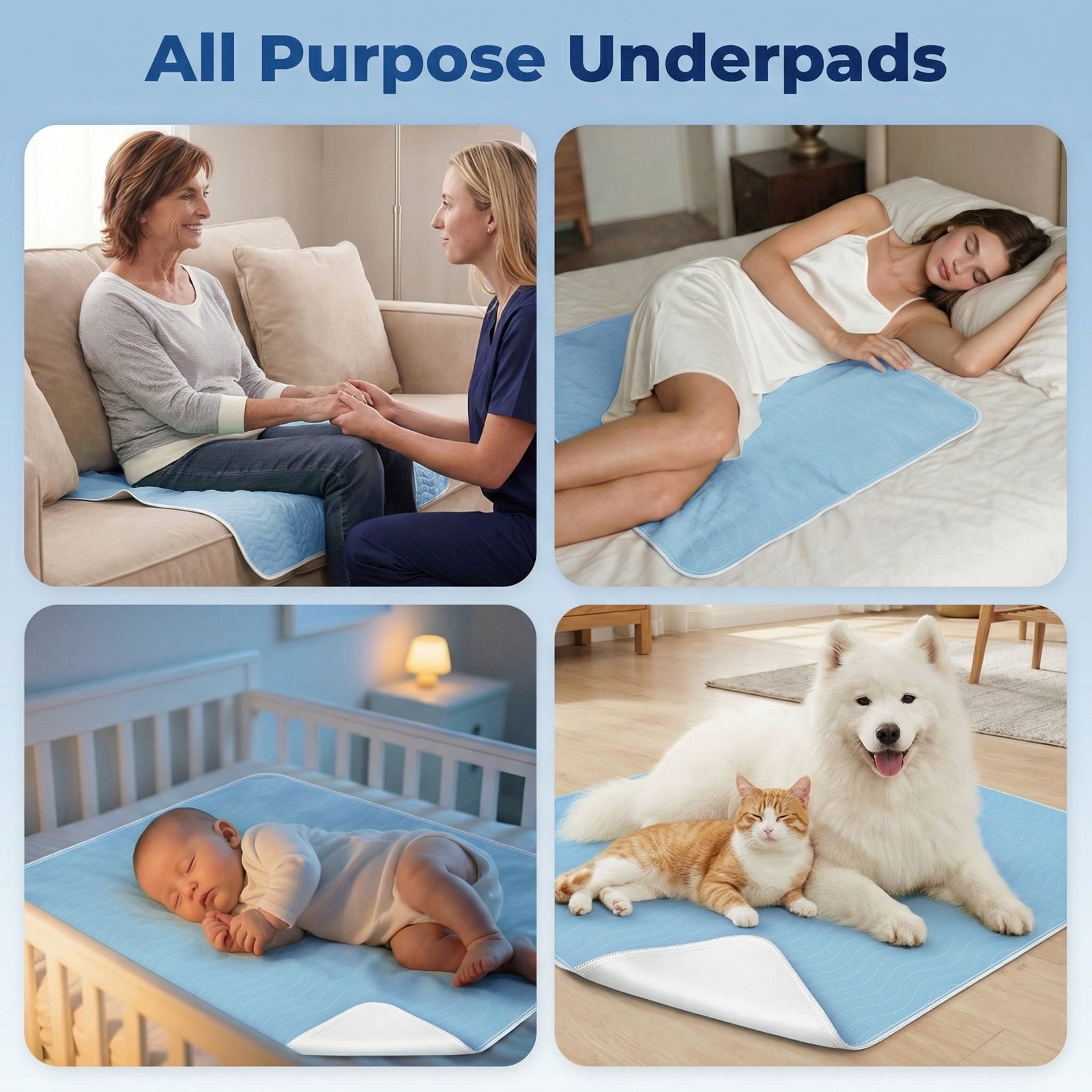 4pack 36” x 36” Extra Heavy Absorbency Washable Underpads, Waterproof Quick Drying Nursing Pads Incontinence Bed Pads, Reusable Washable Pee Pads for Dogs, Diaper Changing & Adults(Blue)