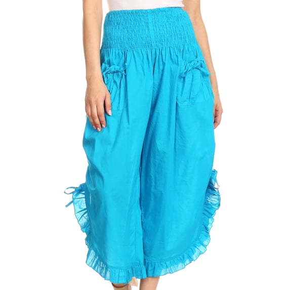 Sakkas Loore Womens Wide Leg Gaucho Pants Cotton with Pockets and Smock Waist - Turq - One Size Regular