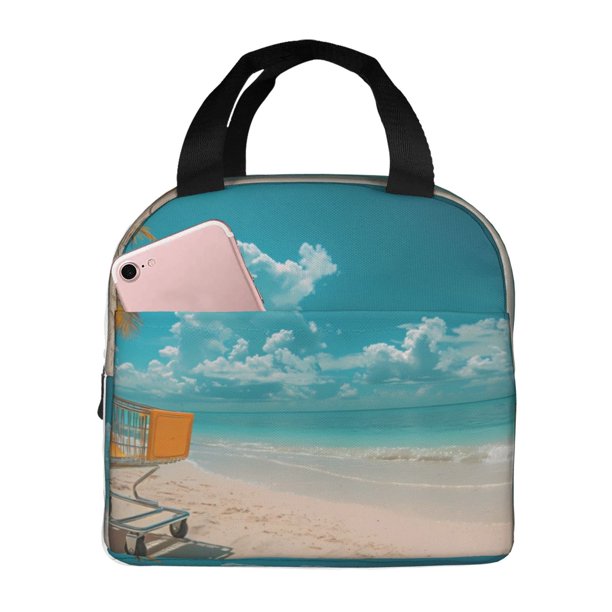Easygdp Shopping Cart On Tropical Beach Bolsa Térmica Premium - Tela Oxford Impermeable, Gran Capacidad, Bolsillo Frontal, Unisex para Trabajo, Escuela, Actividades al Aire Libre y Picnics