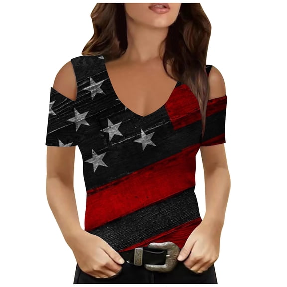ibuvkizy Independence Day Shirts for Women Fashion American Flag Tops Patriotic V Neck Short Sleeve T-Shirts 4th of July Shirts Women Black L